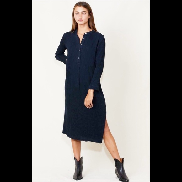 Raquel Allegra Women’s Navy Henley Style Pullover Long Sleeve Cotton Dress - Picture 1 of 12